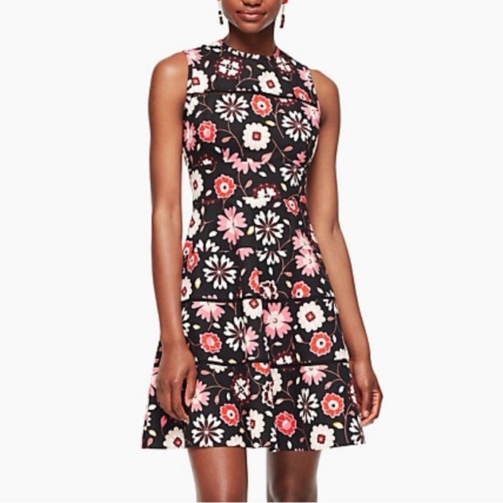 Kate Spade Casa Flora Poplin Sleeveless Fit and Flare Dres Black Pink Floral 4